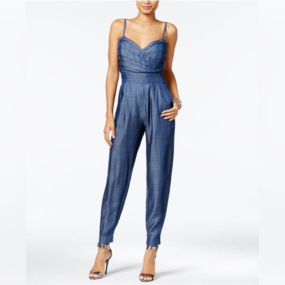 Guess Blue Chambray Pleated Denim Jumpsuit Size 4 $128